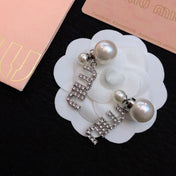 MIUMIU 26S CRYSTAL LOGO PEARL DROP EARRINGS IN SILVER TONE METAL 620414