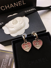CHANEL 26S DOUBLE C LOGO TWO-TONE PAVE CRYSTAL HEART DROP HOOP EARRINGS IN GOLD METAL 631080