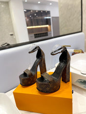LV 26S HIGH HEEL SANDALS 145 MM IN DARK BROWN COATED CANVAS