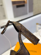 LV 26S HIGH HEEL SANDALS 145 MM IN DARK BROWN COATED CANVAS