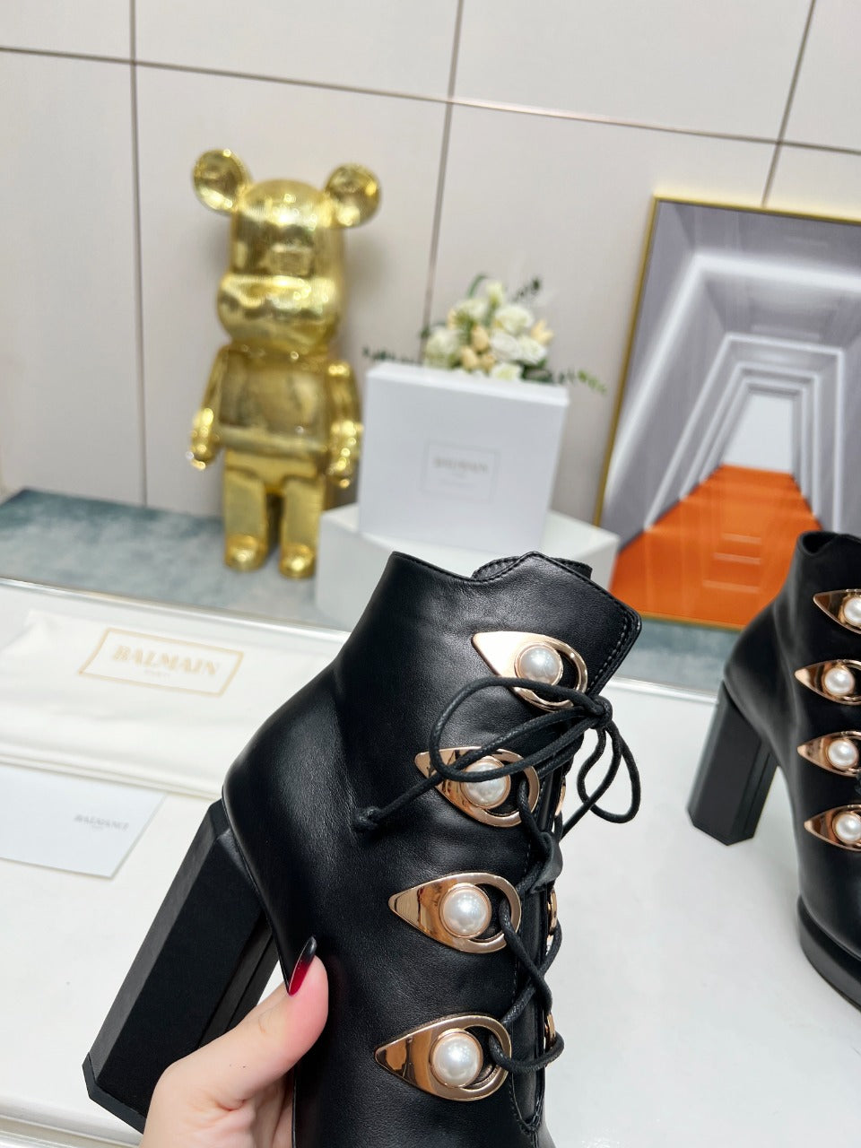 BALMAIN 26S OPEN-TOE BOOTS 115 MM IN BLACK CALFSKIN PEARL-EMBELLISHED