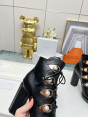 BALMAIN 26S OPEN-TOE BOOTS 115 MM IN BLACK CALFSKIN PEARL-EMBELLISHED