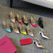 ROCKSTUD CAGED HIGH PUMP IN WHITE MIX LIGHT PINK PATENT CALFSKIN 100 MM