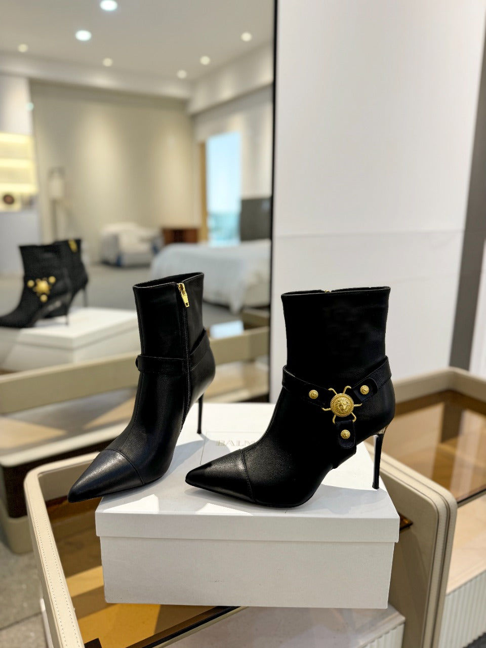 BALMAIN 26S STILETTO HEEL BOOTS 95 MM IN BLACK CALFSKIN